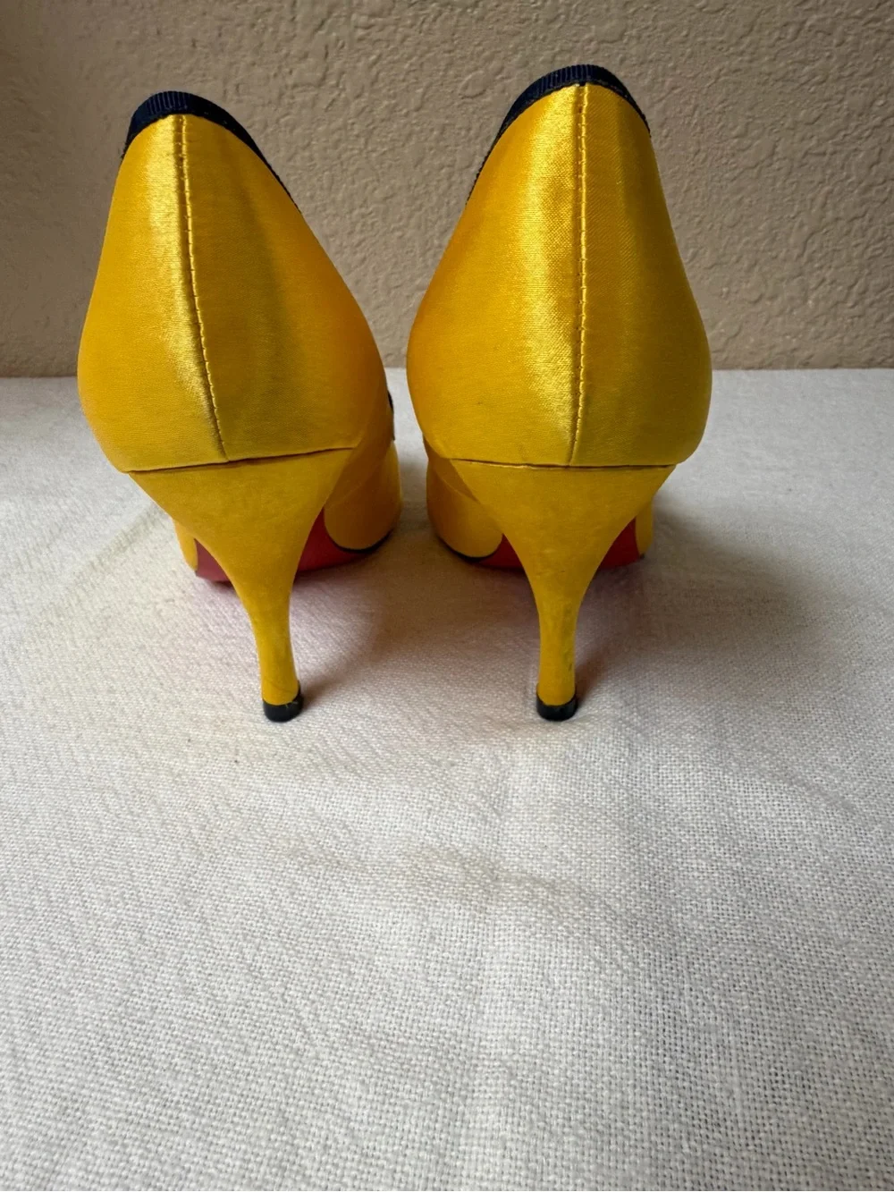 4/$20 Poetic License Yellow Satin Peep-Toe Heels w/ Black Trim and Floral Jewel